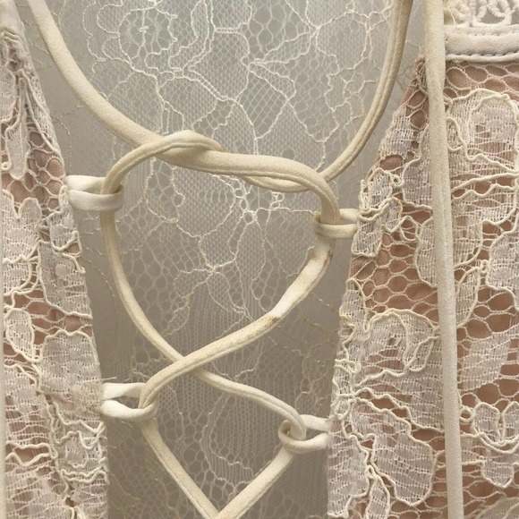 Express Dress Womens 6 Ivory Lace Semi Sheer Cut Out Deep V Neck Lace Mini Boho - Picture 6 of 12